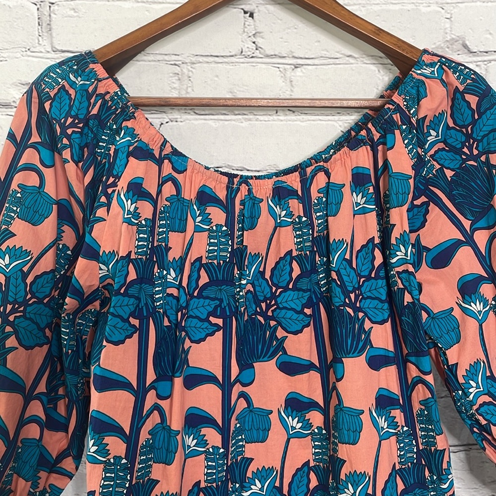 Anthropologie Blue Tassel Pink Blue Peplum Puff Sleeve Blouse Size Medium - Picture 6 of 13